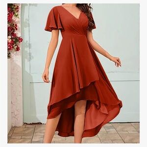 Chic V-Neck High Low Dress in Rust